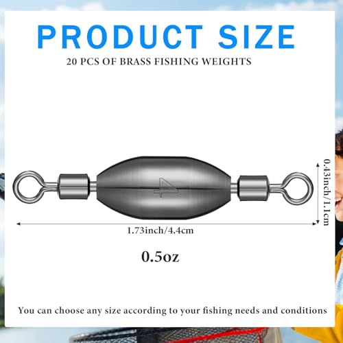 Seenelling 20 Pcs Brass Fishing Sinker Swivel Fishing Weights Saltwater Bullet Sinkers Drop Shot Weight Egg Sinkers with Swivel Rolling Removable Freshwater - size: 1/2 oz