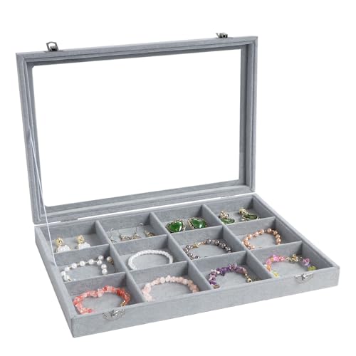 Wudygirl 12 Grid Jewelry Organizer Velvet Jewelry Tray with Clear Lid Jewelry Box Bracelet Holder Display Case Storage Bracelets Rings Earrings Organizer (12 Grid) - color: Gray, size: 12 Grid