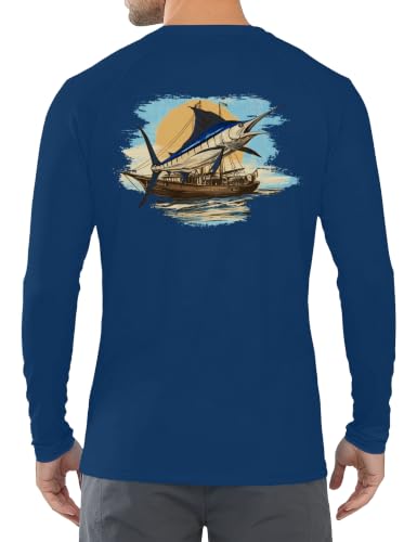 Men's UPF 50+ Sun Fishing Shirt, Long Sleeve UV Protection Tee, Quick Dry Rash Guard for Outdoor Swim Hiking - color: Cobalt Blue (Retro Marlin), size: Medium