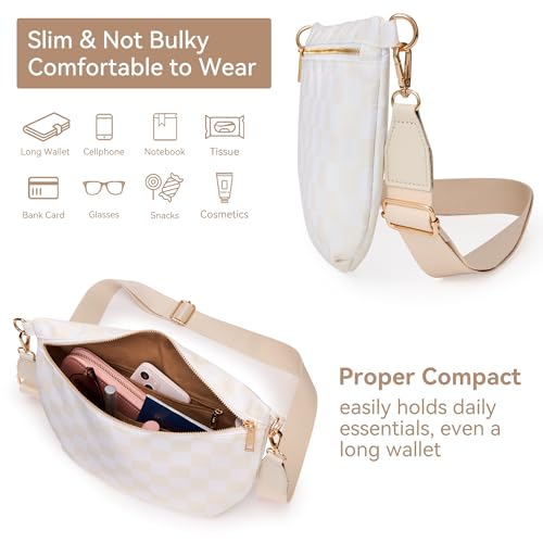 KALIDI Checkered Crossbody Bags for Women Travel Flat Fanny Packs for Woman Men Nylon Cross Body Purse Fashion Belt Bum Bag - color: Beige Checkered