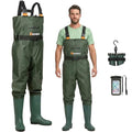 Waterproof Bootfoot Chest Waders – Lightweight 2-Ply Nylon/PVC for Fishing & Hunting with Boot Hanger - size: M9/W11