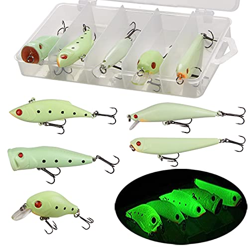 Glow Fishing Lures Bait Kit Luminous VIB Popper Crank Minnow Pencil Hard Bait with Treble Hook Night Fishing Bait Tackle Box