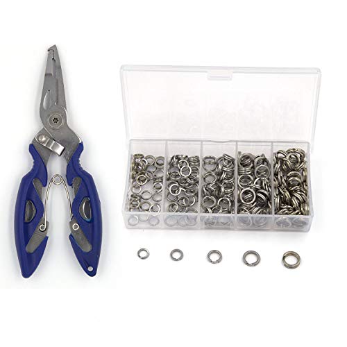 Pack of 201pcs Fishing Stainless Steel Split Rings 5 Sizes and Plier Set, Split Ring Capable of withstanding Large tensile Force and Fishing Plier Tool Kit for Saltwater Fishing Lure Connectors… - color: Blue