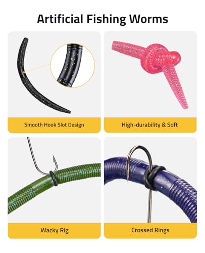CVLIFE Wacky Worm Kit for Bass Fishing, 48PCS 5.5" Wacky Worm Lures, 100 O-Rings, Wacky Rig Tool, 30 Hooks and Tackle Box, 180PCS Soft Plastic Fishing Lure Kit