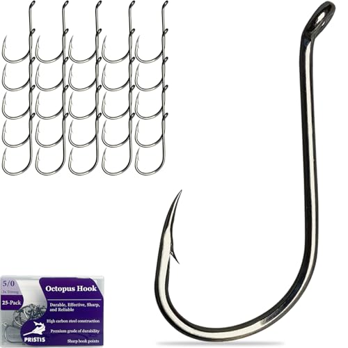 Pristis 25 Pack High Carbon Steel Fishing Hooks, Reinforced EWG Circle Octopus Round Bend 60 Degree Wide Gap Strong Barbed Worm Fish Hook Jig Bait Rig for Saltwater Freshwater Bass Tuna Walleye Trout - color: Octopus, size: 5/0