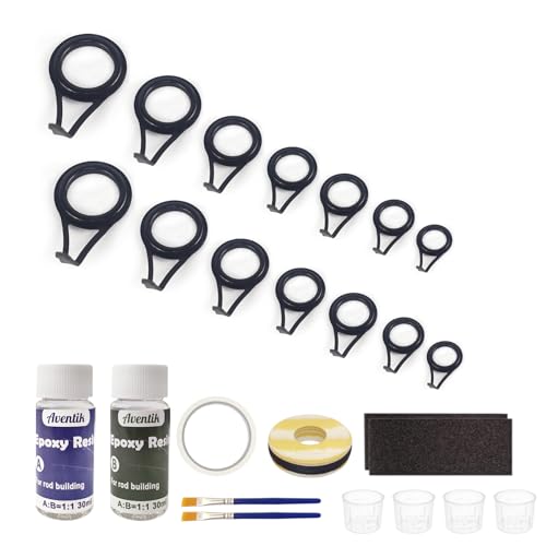 Aventik Fishing Rod Repair Kit Complete with Rod Building Supplies, 7 Sizes 35pcs Stainless Guides, Glue, Rod Guides Replacement Kit, Fishing Pole Eyelets Replacement for Spinning Rod - style: Small-AB glue repair KIT