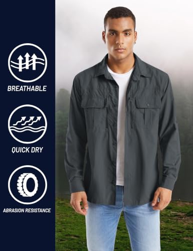 TACVASEN Fishing Shirt for Men, Long Sleeve Shirt Quick Dry Fit, Tactical Shirt Button Up, Work Shirt Lightweight Safari - color: Dark Grey, size: X-Large