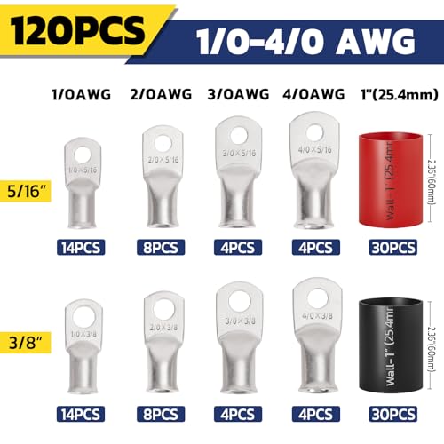 haisstronica 120PCS Tinned Copper Wire Lugs Kit,60PCS AWG 0 00 000 0000 Heavy Duty Battery Cable Lug Ends Ring Terminal Connectors,Electrical Eyelets with 60PCS 3:1 Heat Shrink Tubing - color: Tinned Copper, size: 120 PCS