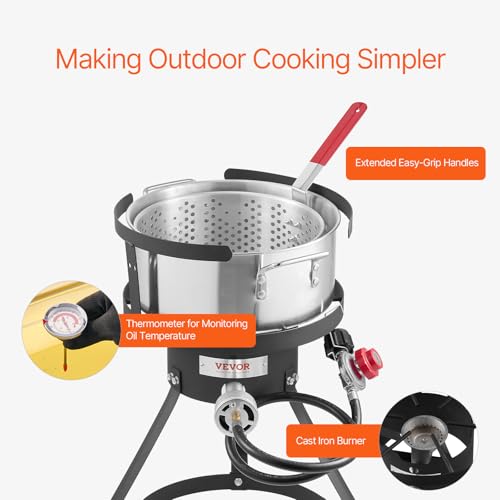 VEVOR 10 Qt Fish and Wing Fryer, Aluminum Propane Fish Fryer Kit, Outdoor Deep Fryer Seafood Pot with Thermometer, Strainer Basket, and 54,000 BTUs Propane Burners, for Outdoor and Backyard Cooking - style: 10-qt