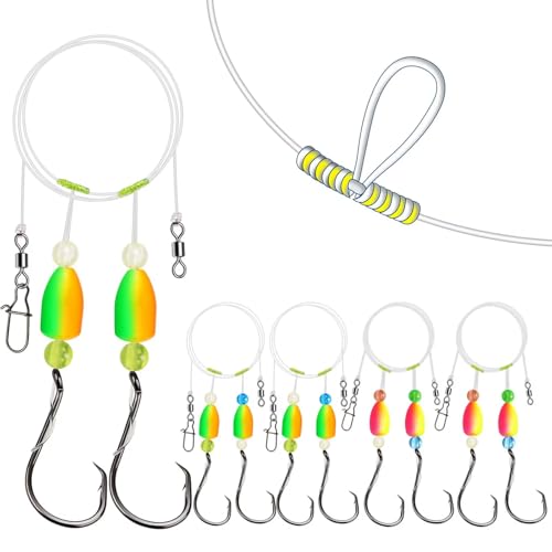 Dovesun 10PCS/4PCS Pompano Rigs for Surf Fishing Saltwater Fishing Rigs with Floats and Beads Unique Double-Line T-Knot Pre-Rigged Surf Fishing Gear & Tackle with Circle Hooks - color: Bullet Float(2colors)*4PCS, size: 2/0 Hook