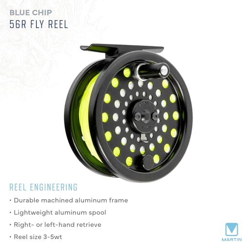Martin Blue Chip 56R Fly Reel, 3 to 5-Weight, CNC Machined Aluminum Frame, Dual Click and Pawl System, 20 Pound-Test Backing, Black