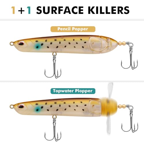 TRUSCEND Popobait Easy Catch Fishing Lures with BKK Hooks, Instant Startup, Longer Cast, Balanced Spray/Sound/Swim, Plopper Topwater Lures for Bass, Trout, Pike, Walleye, Freshwater Saltwater Fishing - color: C1-4",0.56oz