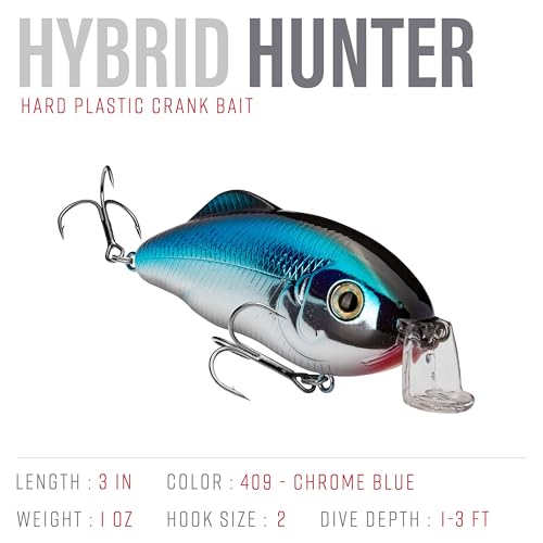 Strike King Hybrid Hunter Shallow Jr. Fishing Lure, Shallow Diving Crankbait, 90-Degree Bill, 3D Eyes, Loud Rattle, Dives 1 to 3-Feet,Size 4 & 6 Treble Hooks - color: Chrome Blue, size: 1 oz