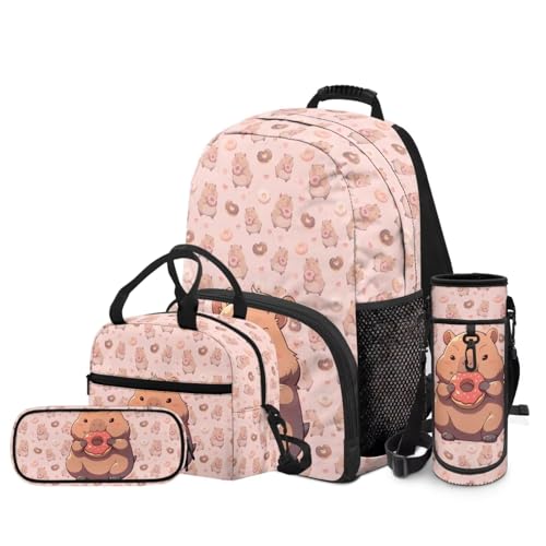 4 PCS Backpack for Kids Elementary Student Capybara Backpacks with Insulated Lunch Box Pencil Case Water Bottle Holder Carrier Bag Pink - color: Capybara Pink