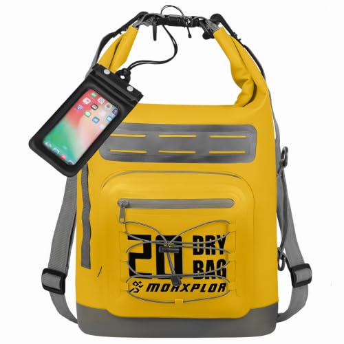 MORXPLOR Dry Bag Waterproof,5L/10L/20L/30L/40L/55L Roll Top Dry Bag Backpack with WaterProof Phone Case for Swim,Kayak - color: Yellow, size: 20Liter