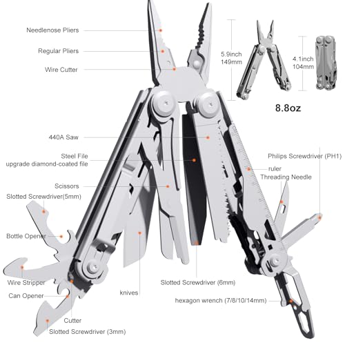 PERWIN Multitool Stainless Steel Multi-Tool Pliers 22-in-1 with Safety Locking, Pocket Knife, Bottle Opener, EDC Equipment With Pocket Clip for Survival, Camping, Hunting and Hiking. - color: Silver, size: 22 in 1