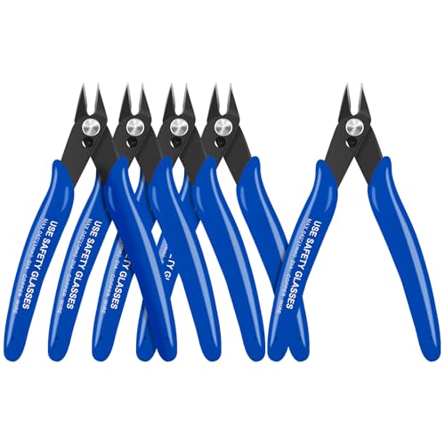 HongWay 5pcs Micro Flush Cutters With Internal Spring, 5 Inches Blue - Side and Diagonal Cutters for Electronics, Heating Wire, Model Sprue, Soft Copper Wire Snips - color: Blue