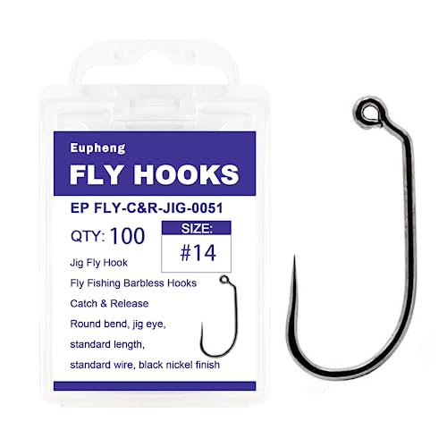 Eupheng Fly Fishing Hooks 100pc Pack Barbless Catch & Release Dry Wet Nymph Shrimp&Pupa, Streamer, Caddis, Jig, Scud Flies Fishing Hooks - color: EP Fly-C&R-JIG-0051, size: #14
