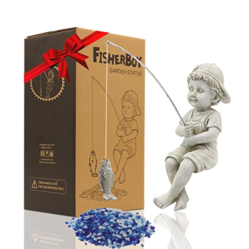 Goodeco Fisherboy Statue Garden Decor - 11" Little Fishing Guy for Koi Pond or Waterfalls, Poolside Statue with Glow in Dark Pebbles Included, Great Gifts for Mom, Women or Birthdays, Gift Ideas - color: Fisherman