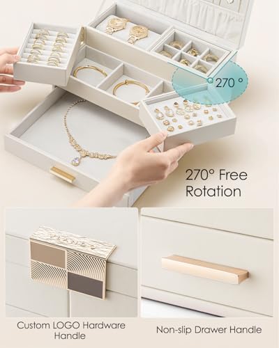 VLANDO 3 Layer Jewelry Box - Women Jewelry Box with Retractable Tray - Jewelry Organizers with Drawer for Necklaces, Rings, Bracelets, Earrings, Valentines Gift for Mom Girls - Cloud White - color: A.Cloud White, size: 3-Layer