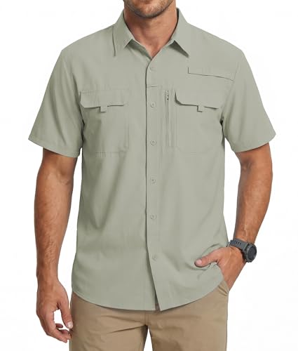 WULFUL Men's Sun Protection Fishing Shirts UPF 50+ Lightweight Quick Dry Cooling Short Sleeve Shirts for Work Hiking Safari - color: Sage Green, size: Large