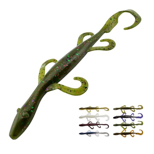 Wild Lizard Soft Plastic Lure, 5.5 Inch Scented Creature Bait for Bass Fishing, Active Legs & Tail, Dense Salt Body for Natural Sink, Ideal for Texas & Carolina Rig, 10-Pack - color: Watermelon Chartreuse