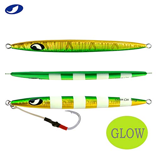 OCEAN CAT Slow Pitch Jig Flat Fall Jig Saltwater Fishing Luers Mental Vertical Jigging Baits with Hooks 5 Colors 4 Weights - color: #012:Green&Gold, size: 5 2/7oz(150g)