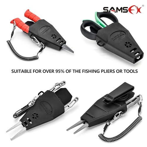 SAMSFX Aluminum Fishing Pliers Hook Remover Braid Line Cutter with Coiled Lanyard, Fly Fishing Knot Tying Tool & Retractors - color: 7'' Split Ring Nose, Sapphire Blue Handle