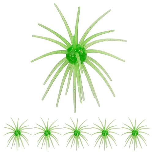 QualyQualy Urchin Bait for Bass Fishing, Floating TPE Creature Lures - 2.5'' / 3.6''/ 4'' /5.1'' Multi-Tentacle Soft Plastic Bait for Bass, Walleye, Pike - color: #01 Light Green, size: L-6pcs