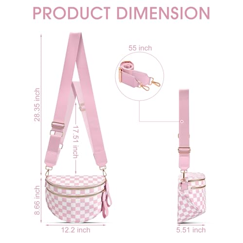 Checkered Nylon Crossbody Bag Bum Bag for Women Mom Large Checkered Fanny Packs with Adjustable Strap - color: Pink Checkered