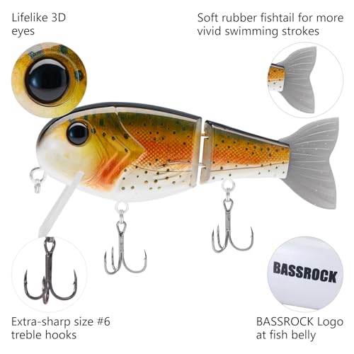 BASSROCK Topwater Fishing Lures for Bass Pike Salmon Floating Swimbait Jointed Crankbait Freshwater Saltwater 4.9in/1.76oz RK1001 - color: Rainbow Trout II, size: 3.9in/1.04oz