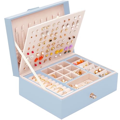QBestry Girls Jewelry Box Earring Holder Organizer for Girls Jewelry Organizer Box Stud Earrings Organizer for Girls Womens Blue Jewelry Box for Earrings and Necklaces Rings Stud Earrings Box for Teen - color: Blue, size: Medium