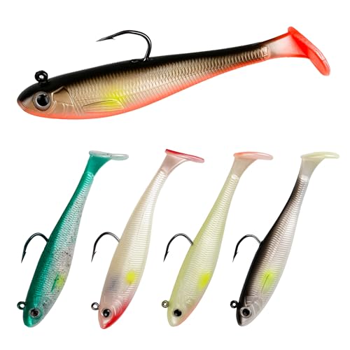 5/6Pcs Pre-Rigged Soft Plastic Lures, Paddle Tail Swimbait, Jig Heads for Bass, Walleye, Pike, Trout, Redfish Fishing - color: 5Pcs Pre-Rigged Paddle Tails
