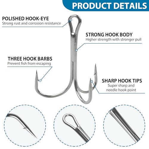 Classic Treble Fishing Hooks, 15pcs High Carbon Steel Large Treble Hooks Silver Triple Barbed Fish Hooks for Saltwater Freshwater Fishing Size 4/0 6/0 7/0 8/0 10/0 - size: 6/0-15pcs