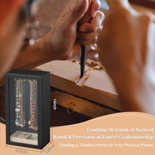 SINGLBA Necklace Holder Organizer, Wooden Jewelry Box for Women Girls, Rotatable Jewelry Organizer Case with Ring Tray Display & Storage for Necklaces Bracelets Rings Earrings, Gifts for Women Her - color: Black