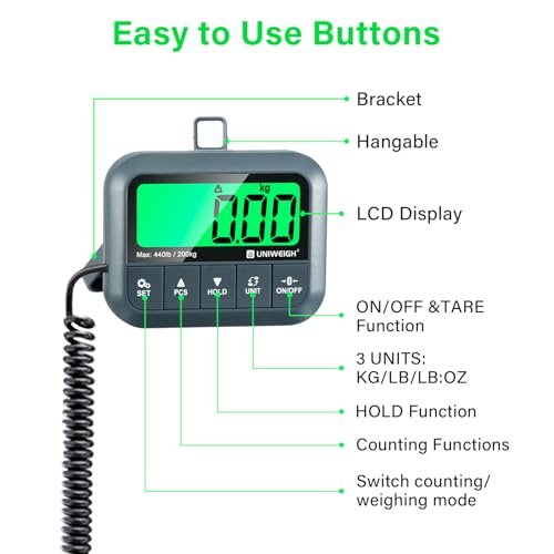 UNIWEIGH Digital Postal Scale 440lb/0.35oz Accuracy for Shipping Packages | Hold/Tare/Count,Commercial Package Scale for Small Business,Postage Scales for Small Business.Luggage and Home Use,Grey