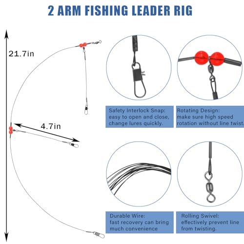Fishing Leaders Saltwater Tackle Surf Fishing Rigs High Strength Fishing Wire Leader Line Rig with Swivels Snap for Lures Bait Hooks - color: Black Stainless Steel, style: 2 Arm, 12pcs