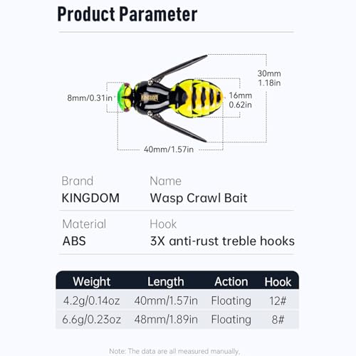 Kingdom Wasp Craw Bait Insect Bionic Floating Fishing Lures Swimbaits Hard Artificial Baits Lure for Freshwater and Saltwater Bass Carp Pike Walleye Fishing ABS Material Carbon Steel Three Book Hook - color: 01, size: 6.6g