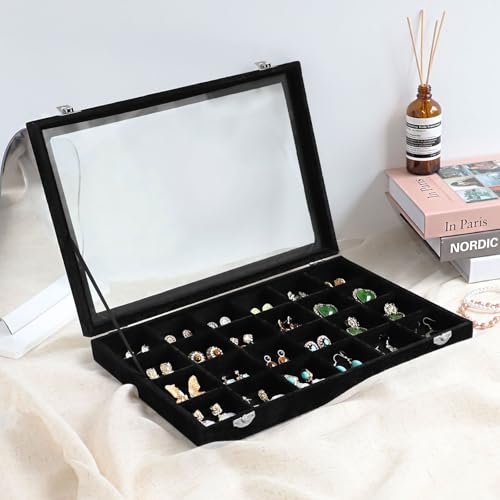 Wudygirl Jewelry Organizer 24 Grid Jewelry Tray with Clear Lid Velvet Jewelry Box Earrings Holder Organizer Jewelry Display Case (Black 24 Grid) - color: Black, size: 24 Grid