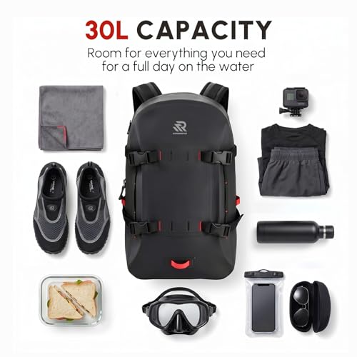 Premium IPX7 Airtight Waterproof Backpack for Kayaking Black | Boating, Paddle Boarding, Fishing, 30L with Resin Zipper, Rugged Gear Protection Submersible Backpack, Water Sports, Surfing - color: Black