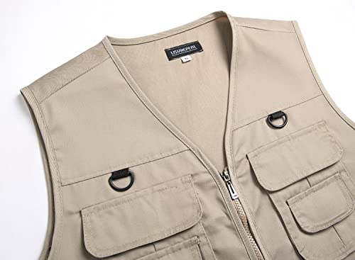 Men’s Fishing Vest Summer Outdoor Work Safari Travel Photo Vest with Multi Pockets - color: Khaki, size: Medium