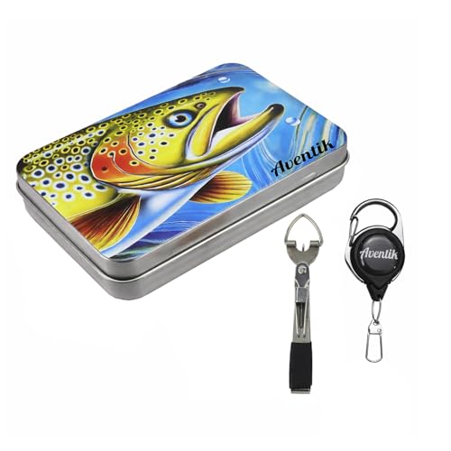 Aventik Metal Tin Portable Box Fly Fishing Tools Kit Includes a Fishing Knot Tool and Line Clipper Zinger Retractor Hook Remover Forceps - color: Tin box with zinger and line cutter