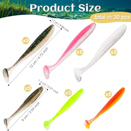 30pcs Soft Plastic Fishing Lures Paddle Tail Swimbaits Soft Baits Lure for Bass Crappie Trout Shad Freshwater Saltwater Fishing Mixed 3.5 Inch 4.7 Inch Swim Bait Kit with Box - color: White, Black, Pink, Orange, Yellow