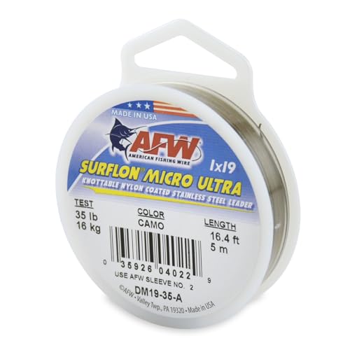 American Fishing Wire Surflon Micro Ultra Nylon Coated 1x19 Stainless Steel Leader Wire - Knottable Fishing Leaders Saltwater & Fly Fishing, 6lb Test - 61lb Test, Bright, Black & Camo Colors - color: Camo, style: 5 Meter, 35 Pound Test