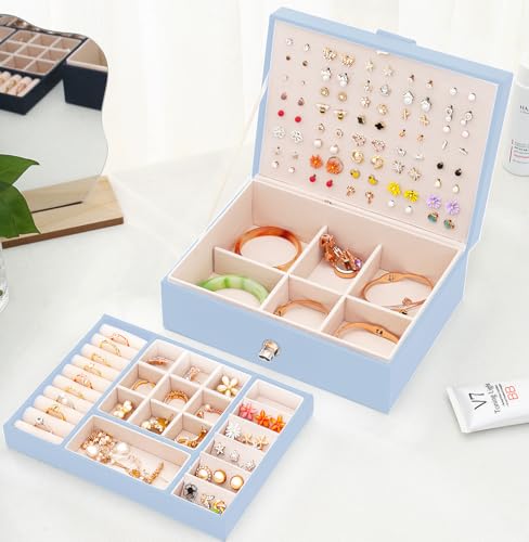 QBestry Girls Jewelry Box Earring Holder Organizer for Girls Jewelry Organizer Box Stud Earrings Organizer for Girls Womens Blue Jewelry Box for Earrings and Necklaces Rings Stud Earrings Box for Teen - color: Blue, size: Medium