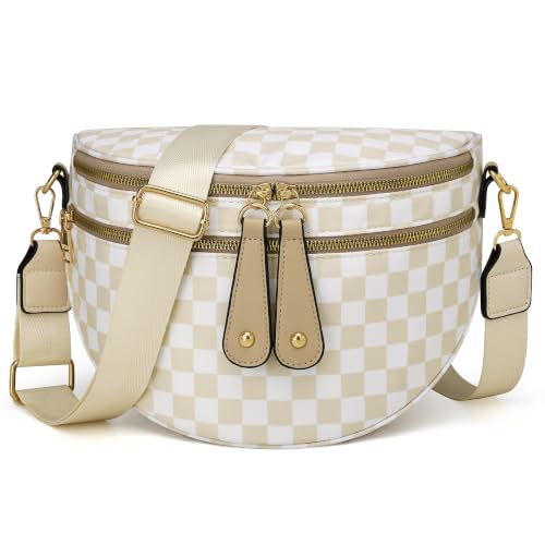 KKXIU Crossbody Sling Bag for Women Trendy Fanny Pack Vegan Leather Chest Bag | Trendy - color: Large-Beige Checkered