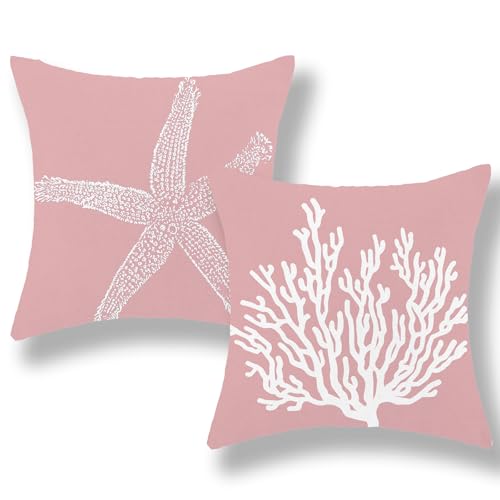 Coastal Pillow Covers 18x18 Inch Set of 2, Pink Coral Starfish Throw Pillows Nautical Ocean Decorations Beach Pillowcase Outdoor Decor Linen Farmhouse Cushion Case for Home Sofa Living Room - color: Pink Starfish Coral, size: 18" x 18" (Pack of 2)