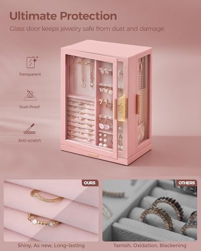 Glimmloop 360° Rotating Jewelry Box with 7 Drawers, Spacious Vertical Jewelry Organizer with Glass Window, Jewelry Storage Case, Dustproof & Moisture-resistant Design, Pink - color: Pink, size: 7 Drawers (6.2"D x 9.2"W x 12.7"H)