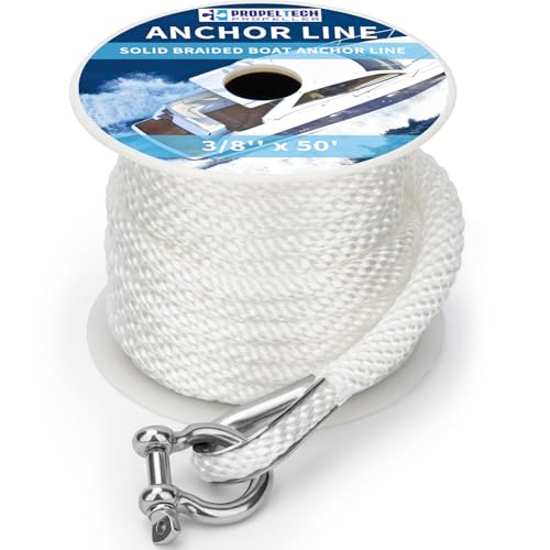 Anchor Rope Braided Anchor Line(White, 3/8" x 50') Premium Solid Braid MFP Boat Rope with Stainless Steel Thimble & Shackle, Quality Marine Line, Boat Accessories - style: 3/8" x 50'