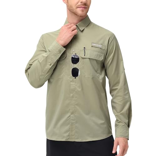Satankud Mens Long Sleeve Fishing Shirts UPF 50+ Sun Protection Cooling Hiking Shirt for Travel Safari Work - color: Sage Green, size: Small